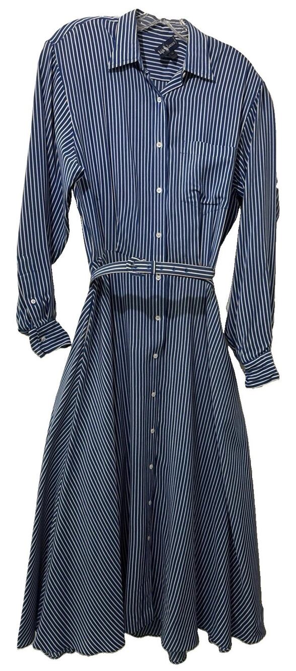 Vintage Ralph Lauren Silk Shirtdress Size 10 Navy Blue Striped Belted Midi